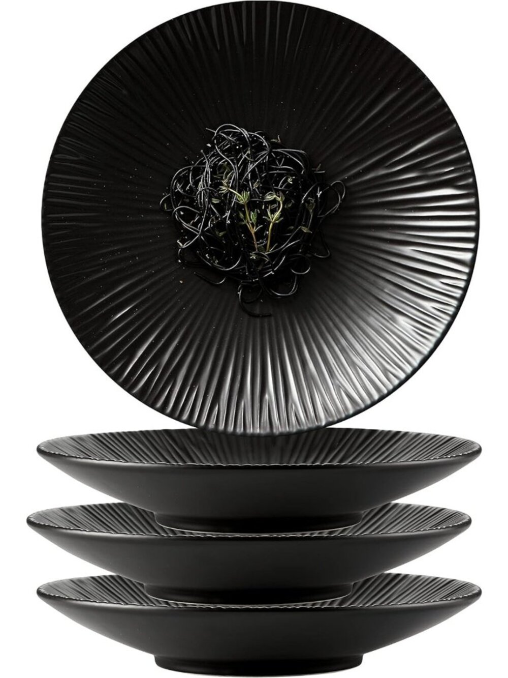 Set of 4 Elegant Japanese Porcelain Dinner Plates - 10.3” Black Tableware
